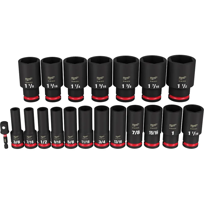 Milwaukee Electric 19-Pc 1/2" Drive, 6 Pt. Sae Deep Impact Socket Set, 3/8" 1-1/2" - MLW-49-66-7012
