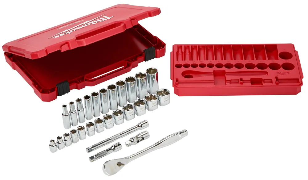 Milwaukee Electric 28-Pc 3/8" Drive Ratchet & Socket Set, Standard 1/4"-1", Deep 1/4"-7/8" - MLW-48-22-9408