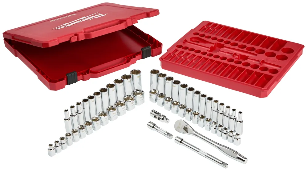 Milwaukee Electric 56-Pc 3/8" Drive Ratchet & Socket Set - Sae & Metric - 1/4" To 1", 6Mm To 19Mm - MLW-48-22-9008