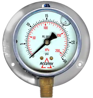 0-30 Liquid Gauge; 4Face; 1/4MPT Stem; w/Flange