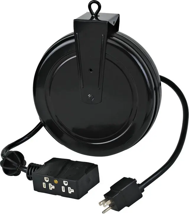 Professional Retractable Indoor Cord Reel, 20‘ Black 12/3 Sjtow, Quad Outlets With Circuit Breaker, 15A, 125Vac - ALT-5020TF-4C
