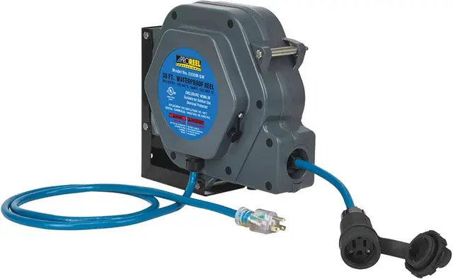 Professional Retractable Weather Resistant Indoor/Outdoor Cord Reel, 30‘ Blue 14/3 Sjtoow, Single Outlet, 13A, 125Vac - ALT-5330M-SW