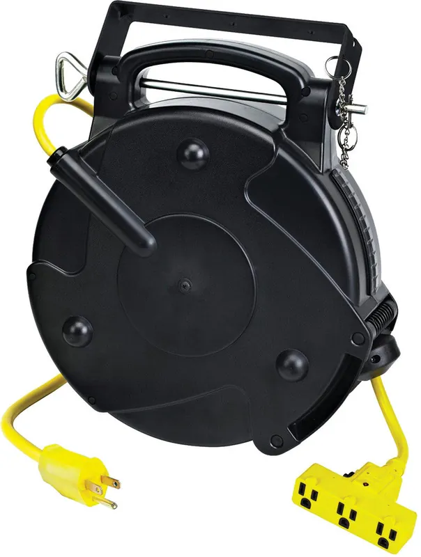 Professional Retractable Indoor Cord Reel, 50‘ Yellow 14/3 Sjtow, Tri Tap With Circuit Breaker, 13A, 125Vac - ALT-8150MP