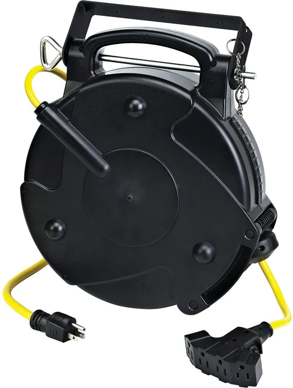Professional Retractable Indoor Cord Reel, 65‘ Yellow 12/3 Sjtow, Quad Outlets With Circuit Breaker, 15A, 125Vac - ALT-8665TFQ