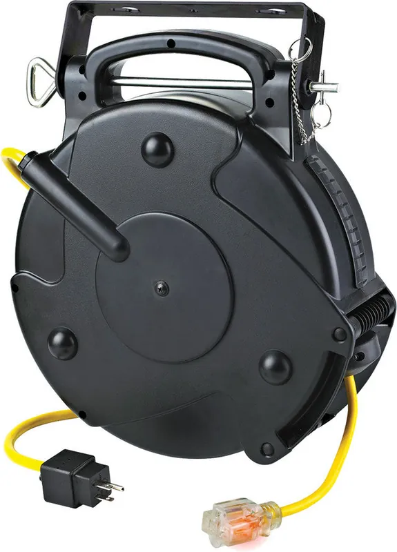 Professional Retractable Indoor Cord Reel, 65‘ Yellow 12/3 Sjtow, Single Illuminated Outlet With Circuit Breaker, 15A, 125Vac - ALT-8665TFS