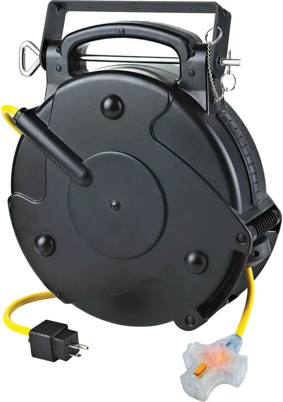 Industrial Retractable Indoor Extension Cord Reel, 75‘ Yellow 14/3 Sjtow, Tri Tap With Circuit Breaker, 10A, 125Vac - ALT-8675MFT