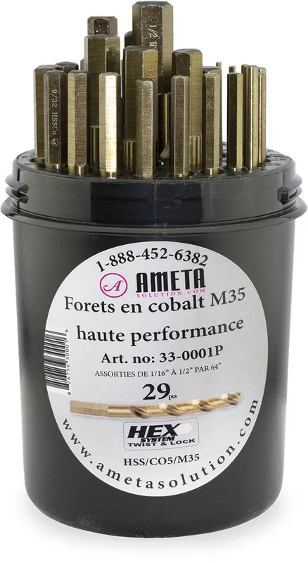 29-Pc Fractional Drill Bit Set, 1/16" To 1/2" By 64", High Density Plastic Container - AMT-33-0001P