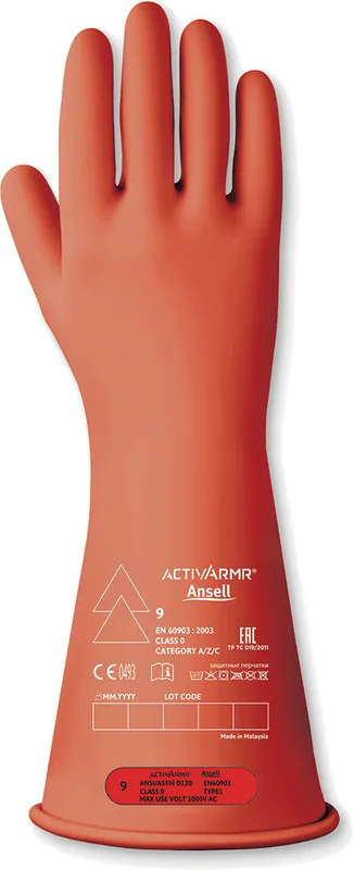 Class 0, Electrical Rubber Insulating Gloves, Red, Size 12 - ANS-RIG011R120