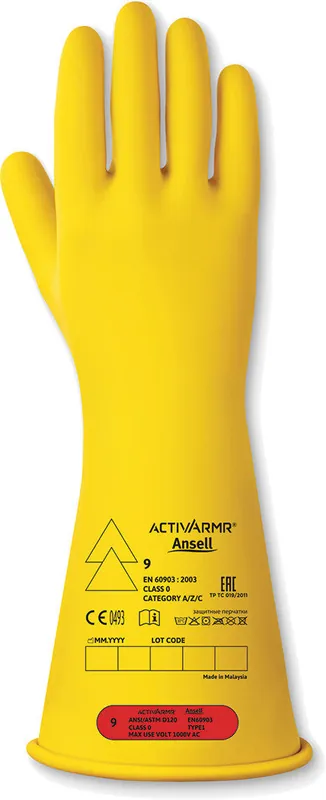 Class 0, Electrical Rubber Insulating Gloves, Yellow, Size 9 - ANS-RIG011Y090