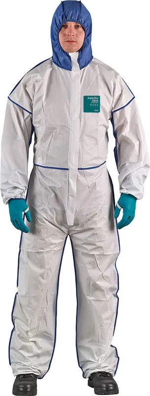 Alphatec® 1800 Comfort - Model 195 White Coveralls, Low Concentration Liquid Chemical & Airborne Particles Protection, 3-Pc Blue Sms Hood, 2-Way Front Zipper & Storm Flap, Medium - ANS-WN18-B-92-195-03