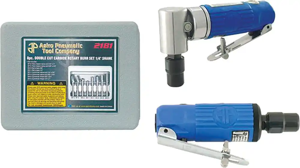 ASTRO PNEUMATIC - Composite Body 1/4" 90° Die Grinder, Mini Die Grinder, 8Pc. Rotary Burr Set - AST-1221