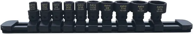 ASTRO PNEUMATIC - 10-Pc 1/4" Drive 6-Pt. Sae Low Profile Nano Impact Socket Set On A Rail, 3/16"-9/16", 11Mm Outside Hex - AST-78110