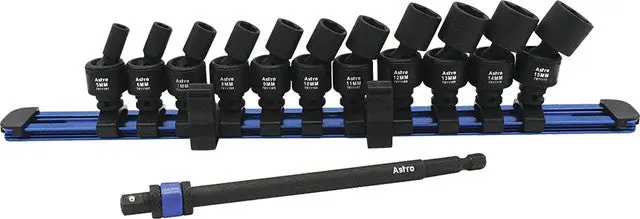ASTRO PNEUMATIC - 12-Pc 1/4" Square & Hex Drive Magnetic Universal 6-Pt. Impact Socket Set & 6" Locking Extension On Rail, 5-15Mm - AST-78111