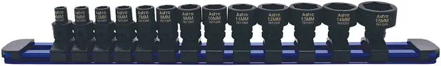 ASTRO PNEUMATIC - 13-Pc 1/4" Drive 6-Pt. Metric Low Profile Nano Impact Socket Set On A Rail, 4-15Mm, 11Mm Outside Hex - AST-78113