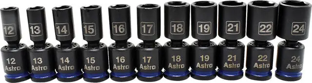 ASTRO PNEUMATIC - 11-Pc 1/2" Drive 6 Pt. Mid-Length Pinless Universal Metric Impact Socket Set, 12-24Mm - AST-78244M