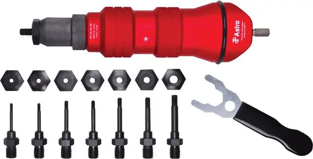 ASTRO PNEUMATIC - Rivet Nut Cordless Drill Adapter Kit - 1/4" Cap., 8 Mandrels/Nosepieces 8-32, 10-32, 10-24, 1/4-20, M3, M4, M5, M6 - AST-ADN14