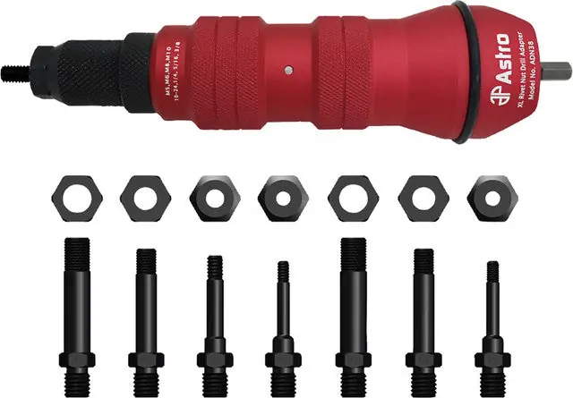 ASTRO PNEUMATIC - Rivet Nut Cordless Drill Adapter Kit - 3/8" Cap., 8 Mandrels/Nosepieces 10-24, 1/4-20, 5/16-18, 3/8-16, M5, M6, M8, M10 - AST-ADN38