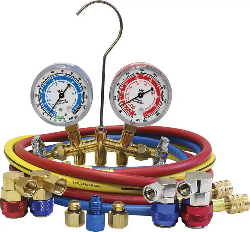 ATD - R1234Yf/R134A Brass Manifold Gauge Set, 2.5" Gauges, (3) 60" Hoses, R1234Yf & R134A Couplers, Adapters - ATD-3681
