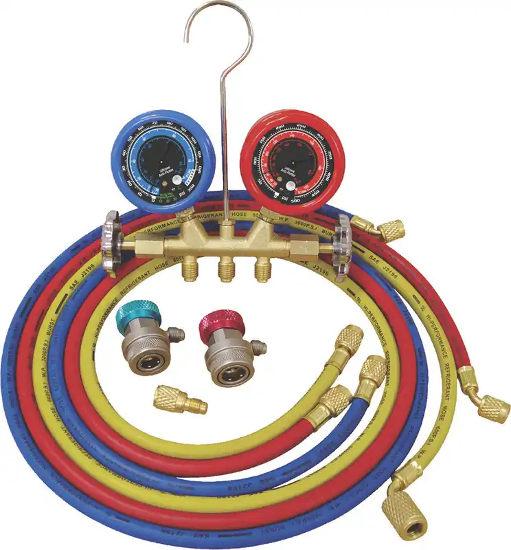 ATD - R12/R134A Deluxe Dual Brass A/C Manifold Gauge Set, (3) 60" Hoses - ATD-3694