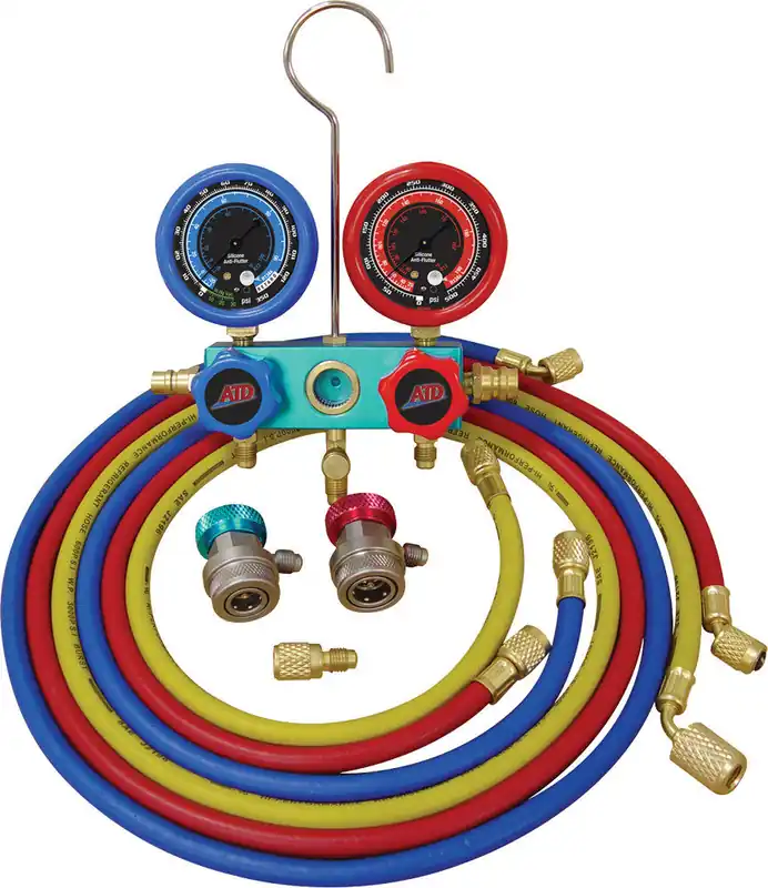 ATD - R12/R134A Deluxe Dual Aluminum A/C Manifold Gauge Set, (3) 60" Hoses - ATD-3695