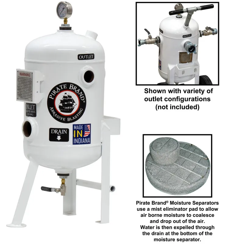 Pirate Brand - Schmidt Mfg Style, Moisture Separator 800 CFM, Stationary 150 PSI (10.3 BAR), (1) 2" Inlet x (1) 2", (2) 1-1/2" Outlets w/o Fittings