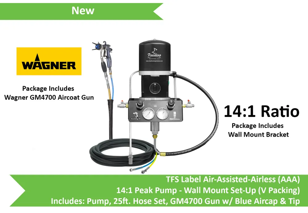 TFS Label Air-Assist-Airless (AAA) 14 1 Peak™ Pump - Wall Model Set-Up (V Packing) w/ GM4700 Gun