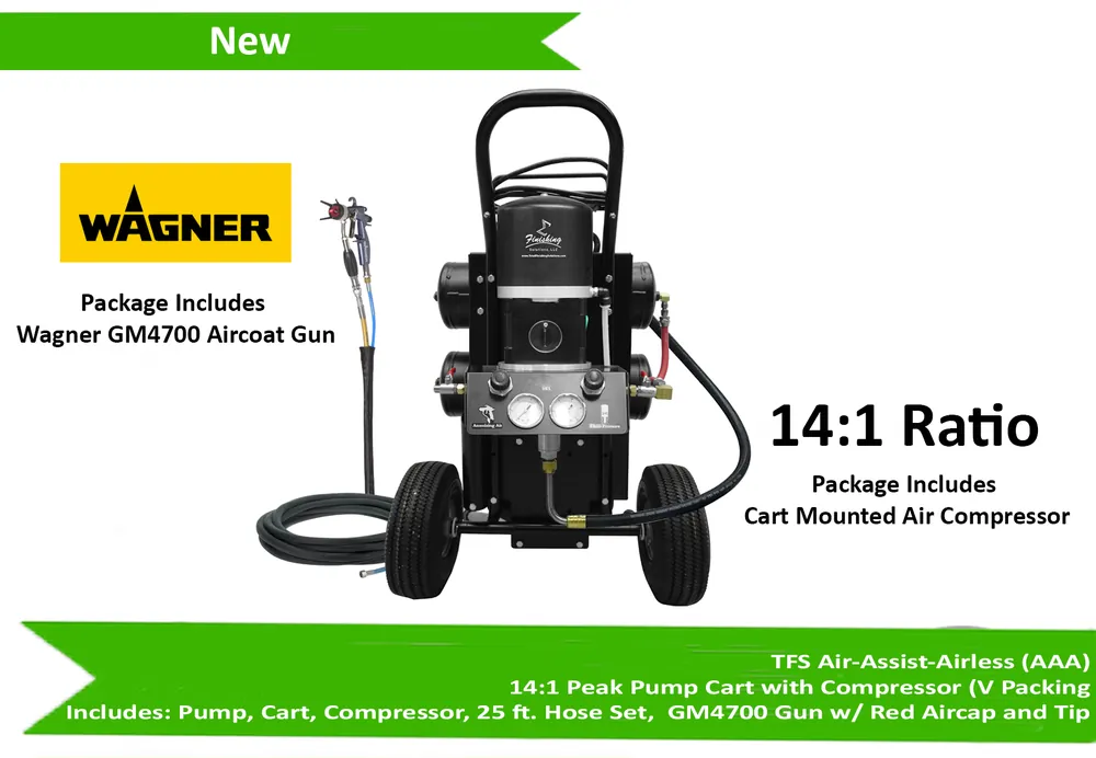 TFS Label Air-Assist-Airless (AAA) 14 1 Peak™ Pump - Cart with Compressor (V Packing) w/ GM4700 Gun