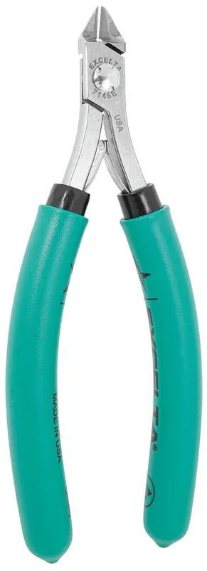 Excelta 7146E ★★★★★ Lazer Line® ESD-Safe Medium Tapered Relieved Head Semi-Flush Carbon Steel Side Cutter with Long Cushion Grip Handles, 5.75" OAL