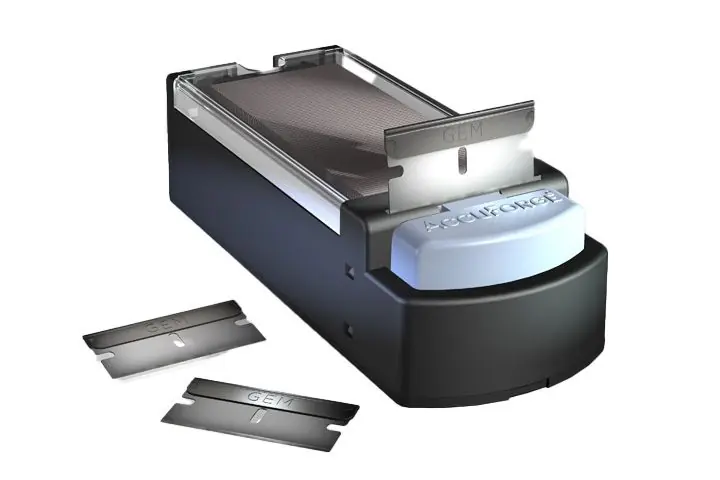 AccuForge AGBL-7029-0000 Blade Dispenser, includes 100 GEM® Uncoated, Washed & Degreased Single Edge 0.009" Stainless Steel Blades with Stainless Steel Backing (Case of 50)