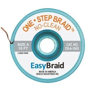 Easy Braid OS-A-10AS 1 One-Step No-Clean Anti-Static Desoldering Braid, Gray, 0.025" dia. x 10‘ Spool