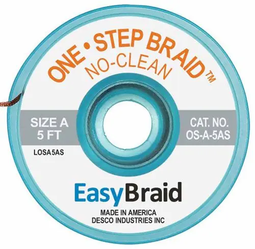 Easy Braid OS-A-5AS 1 One-Step No-Clean Anti-Static Desoldering Braid, Gray, 0.025" dia. x 5‘ Spool