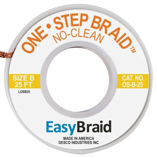 Easy Braid OS-B-25 2 One-Step No-Clean Desoldering Braid, Yellow, 0.050" dia. x 25‘ Spool