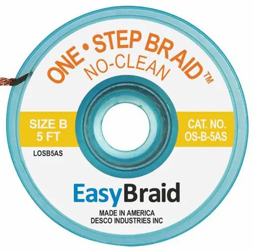 Easy Braid OS-B-5AS 2 One-Step No-Clean Anti-Static Desoldering Braid, Yellow, 0.050" dia. x 5‘ Spool