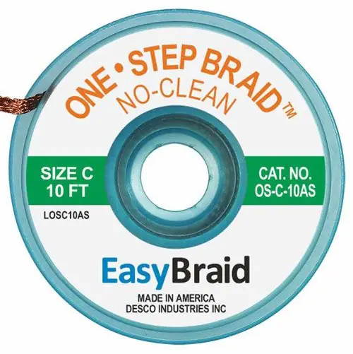 Easy Braid OS-C-10AS 3 One-Step No-Clean Anti-Static Desoldering Braid, Green, 0.075" dia. x 10‘ Spool