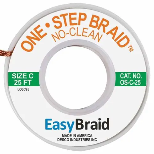 Easy Braid OS-C-25 3 One-Step No-Clean Desoldering Braid, Green, 0.075" dia. x 25‘ Spool