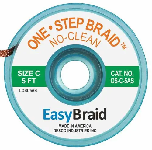 Easy Braid OS-C-5AS 3 One-Step No-Clean Anti-Static Desoldering Braid, Green, 0.075" dia. x 5‘ Spool