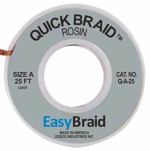 Easy Braid Q-A-25 1 Quick Braid Rosin Desoldering Braid, Gray, 0.025" dia. x 25‘ Spool
