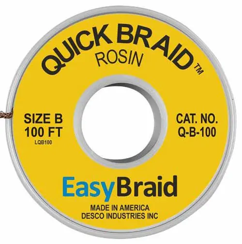 Easy Braid Q-B-100 2 Quick Braid Rosin Desoldering Braid, Yellow, 0.050" dia. x 100‘ Spool