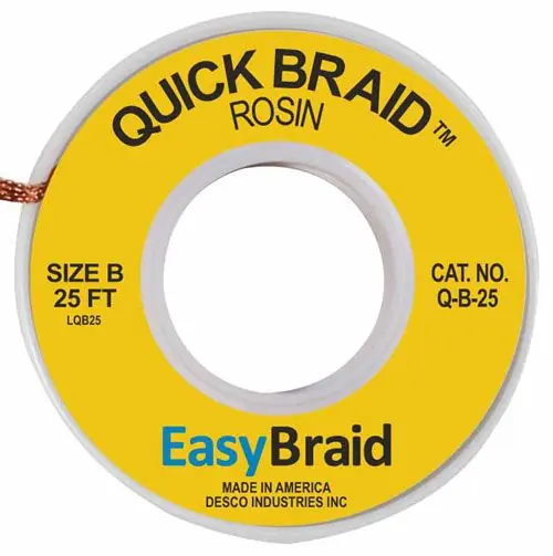 Easy Braid Q-B-25 2 Quick Braid Rosin Desoldering Braid, Yellow, 0.050" dia. x 25‘ Spool