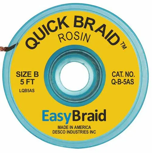 Easy Braid Q-B-5AS 2 Quick Braid Rosin Anti-Static Desoldering Braid, Yellow, 0.050" dia. x 5‘ Spool