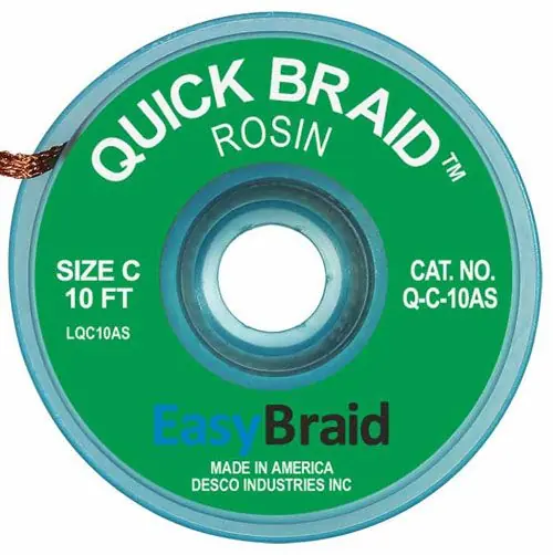 Easy Braid Q-C-10AS 3 Quick Braid Rosin Anti-Static Desoldering Braid, Green, 0.075" dia. x 10‘ Spool