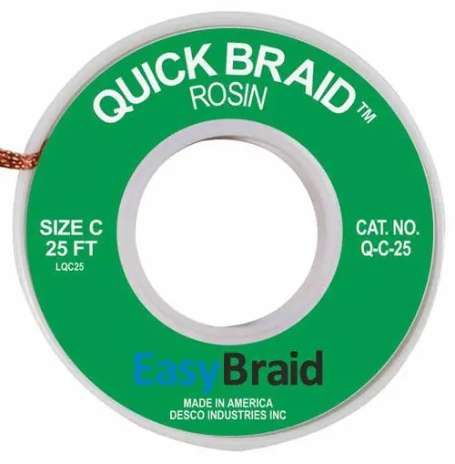 Easy Braid Q-C-25 3 Quick Braid Rosin Desoldering Braid, Green, 0.075" dia. x 25‘ Spool