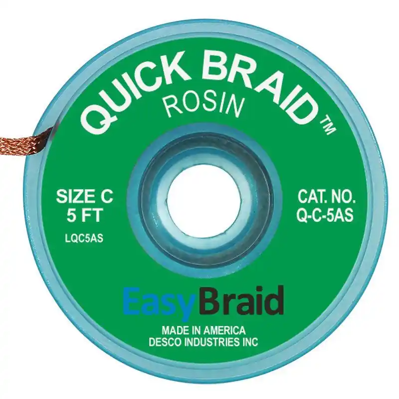 Easy Braid Q-C-5AS 3 Quick Braid Rosin Anti-Static Desoldering Braid, Green, 0.075" dia. x 5‘ Spool