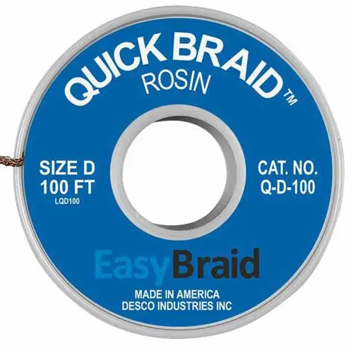 Easy Braid Q-D-100 4 Quick Braid Rosin Desoldering Braid, Blue, 0.100" dia. x 100‘ Spool