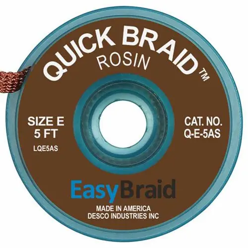 Easy Braid Q-E-5AS 5 Quick Braid Rosin Anti-Static Desoldering Braid, Brown, 0.125" dia. x 5‘ Spool