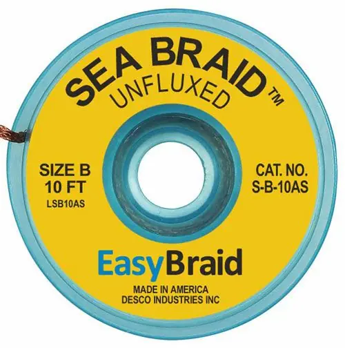 Easy Braid S-B-10AS 2 Sea Braid Anti-Static Desoldering Braid, Yellow, 0.050" dia. x 10‘ Spool