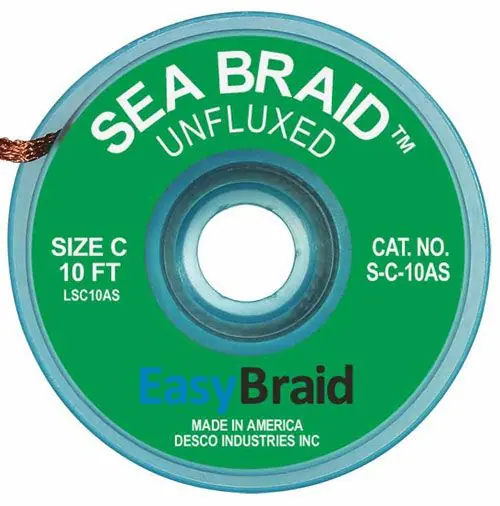 Easy Braid S-C-10AS 3 Sea Braid Anti-Static Desoldering Braid, Green, 0.075" dia. x 10‘ Spool