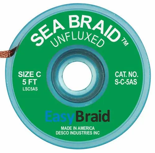 Easy Braid S-C-5AS 3 Sea Braid Anti-Static Desoldering Braid, Green, 0.075" dia. x 5‘ Spool