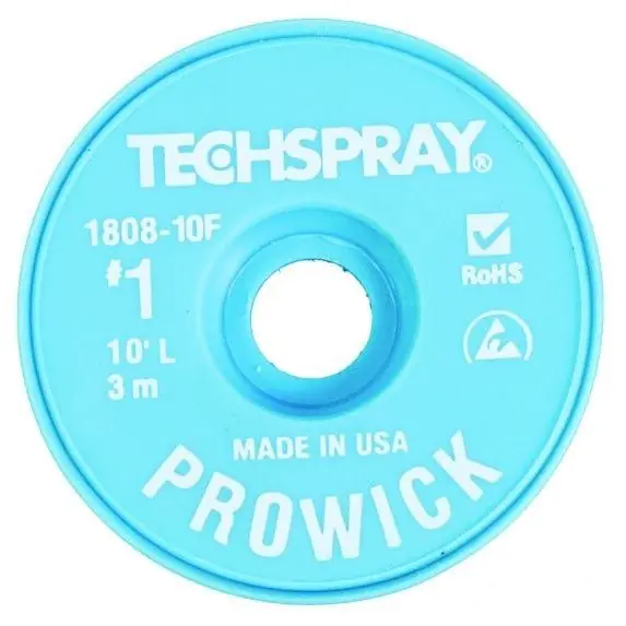 TechSpray 1808-10F 1 Pro-Wick Rosin ESD-Safe Desoldering Braid, White, 0.035" dia. x 10‘ Spool