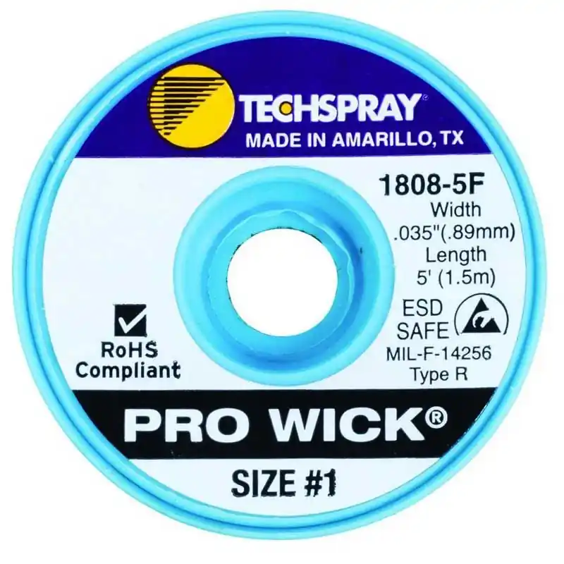 TechSpray 1808-5F 1 Pro-Wick Rosin ESD-Safe Desoldering Braid, White, 0.035" dia. x 5‘ Spool